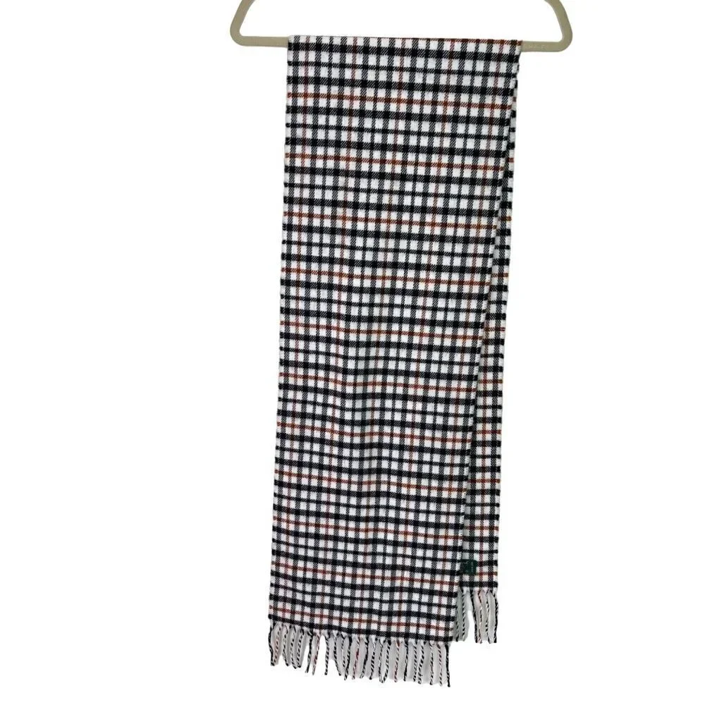 Lambswool Womens Scarf Plaid Made In Italy Fringe White Black Brown Rectangle